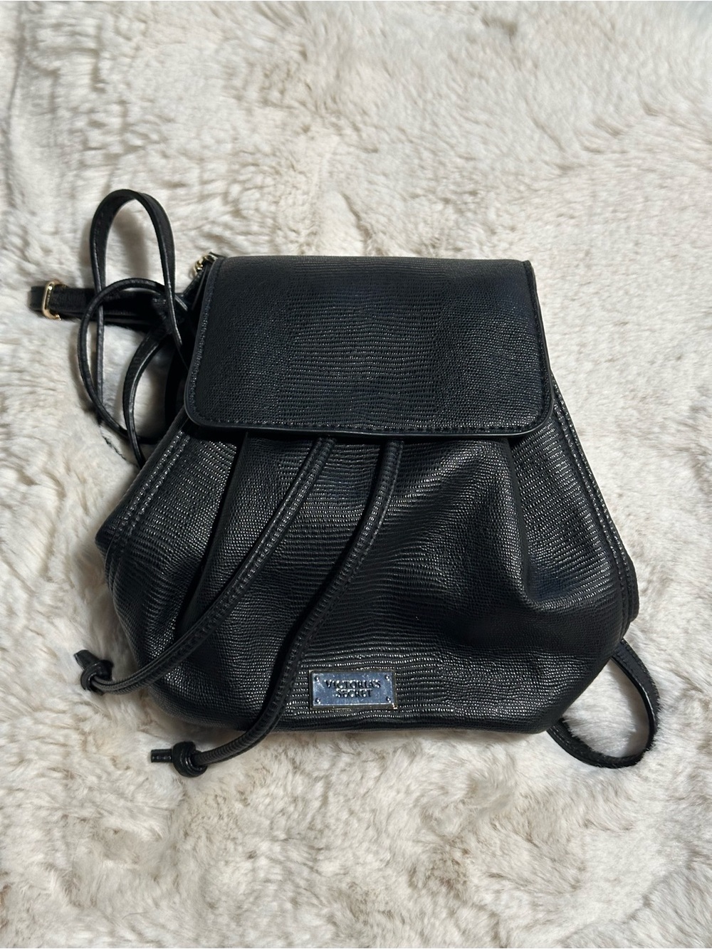 Black Faux Leather Drawstring Backpack from Victoria’s Secret NWOT